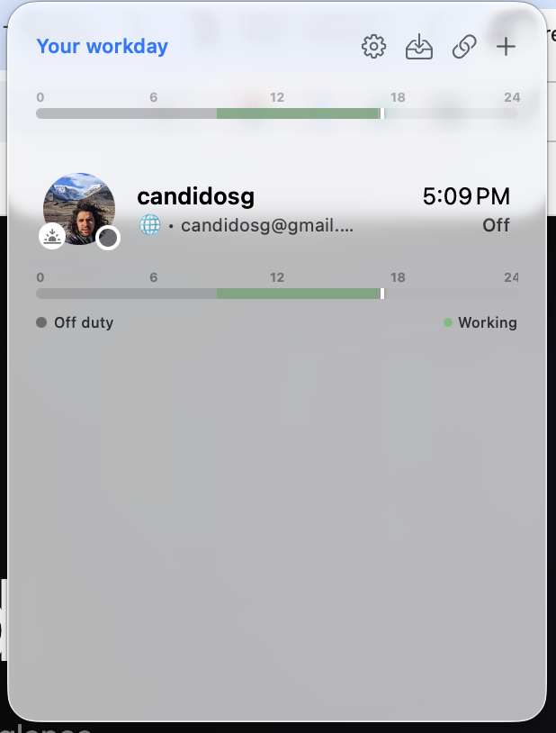TeammateTime app showing teammate's workday timeline and local time